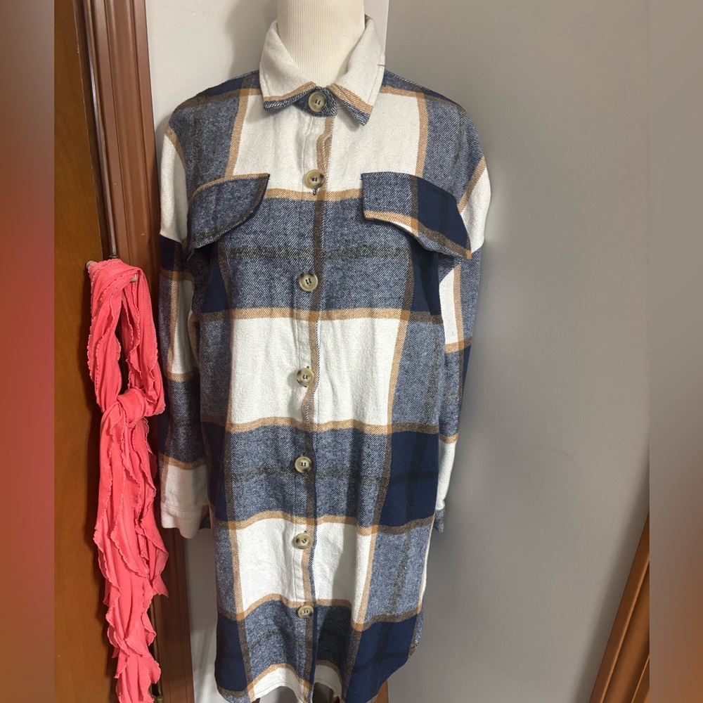 Navy Checkered Button Up Oversized Long Shacket Women's
#MA